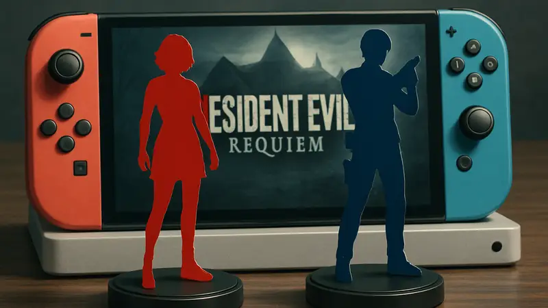 Фигурки Amiibo персонажей Грейс и Леона из Resident Evil Requiem на фоне Nintendo Switch 2