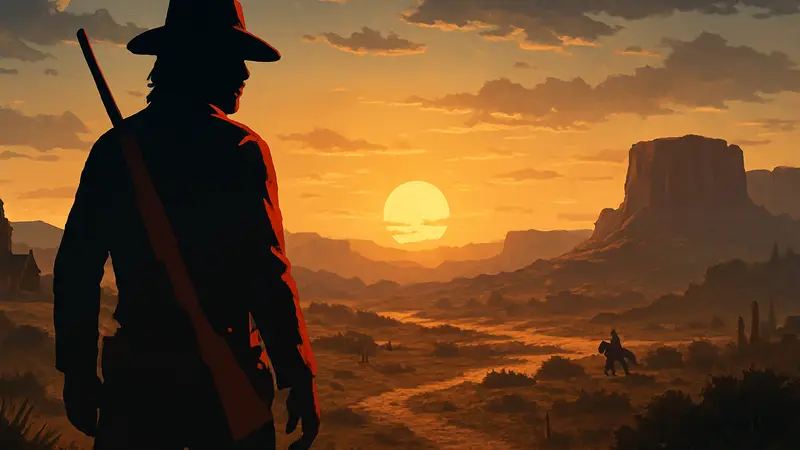 Главный герой Red Dead Redemption Джон Марстон на фоне заката в открытом мире Дикого Запада
