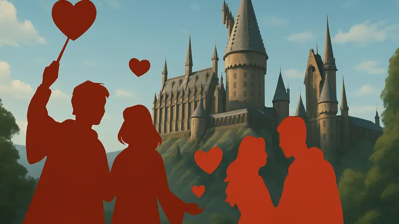 Игровые персонажи из Harry Potter: Hogwarts Mystery на фоне Хогвартса, празднующие День святого Валентина.