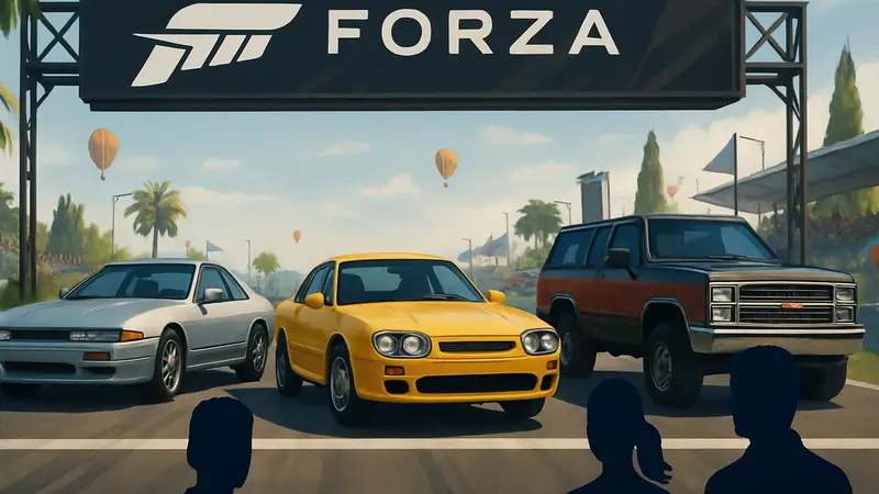 Три стартовых автомобиля Forza Horizon 6: Nissan Silvia K's, Toyota Celica, GMC Jimmy на стартовой линии