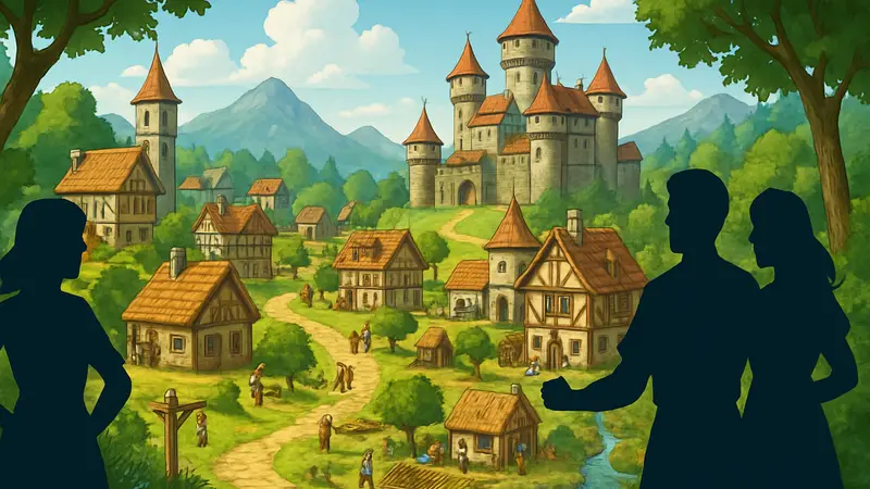 Скриншот из игры Townsmen: A Kingdom Rebuilt, показывающий средневековый город и природу.
