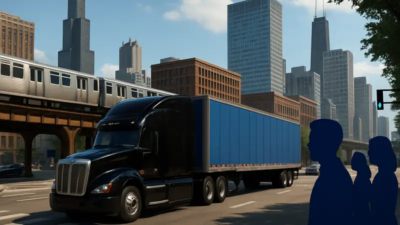 Скриншот American Truck Simulator с грузовиком, проезжающим по улицам Чикаго в DLC Иллинойс.