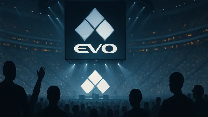 Логотип турнира Evo на фоне арены, заполненной зрителями, или символика киберспорта.