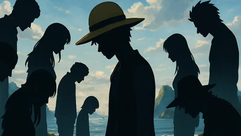 Множество персонажей из аниме и манги One Piece, каждый из которых выглядит задумчивым или грустным на фоне морского пейзажа.