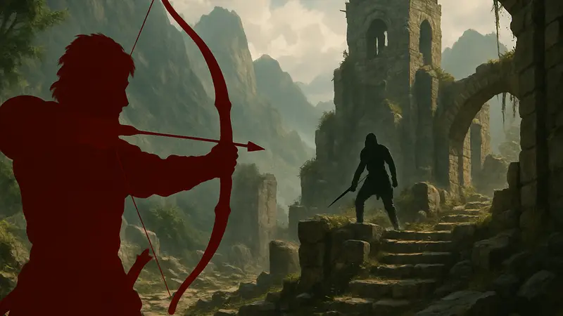 Игровой персонаж Crimson Desert, стреляющий из лука, с прицелом на врага в сложной локации.