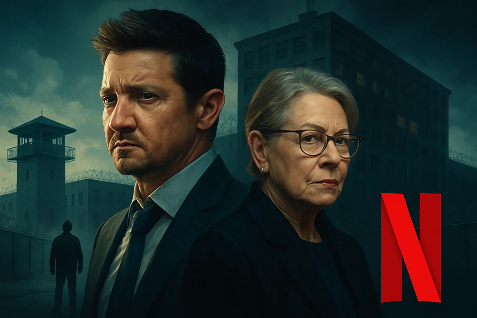 Постер сериала "Мэр Кингстауна", показывающий актёров Джереми Реннера и Дайан Уист, анонс выхода на Netflix.