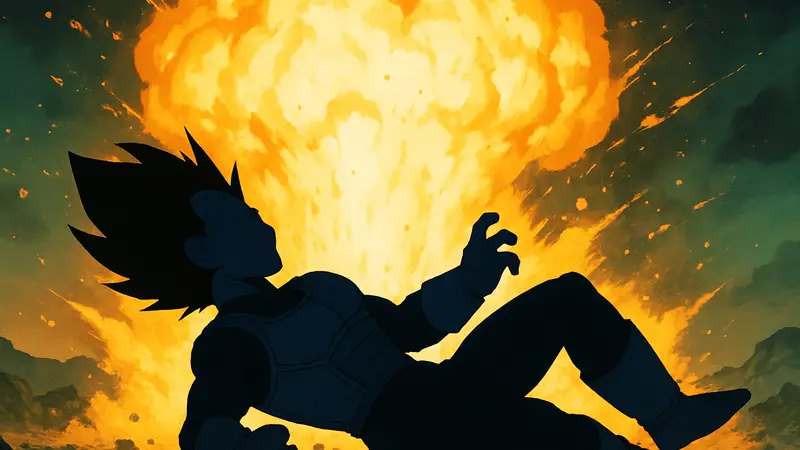 Веджета в момент гибели на фоне взрыва из аниме Dragon Ball Z, Dragon Ball Super или Dragon Ball Online.