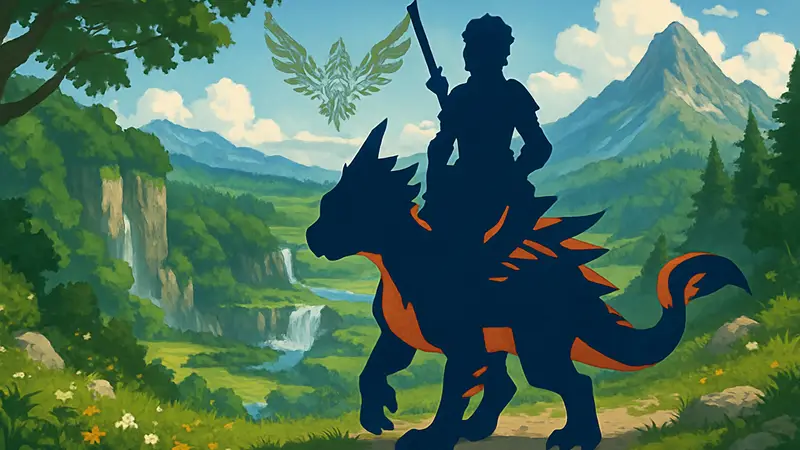 Монстр-наездник и его монстрик на фоне живописного пейзажа Monster Hunter Stories 3, символизирующий приключения и квесты.