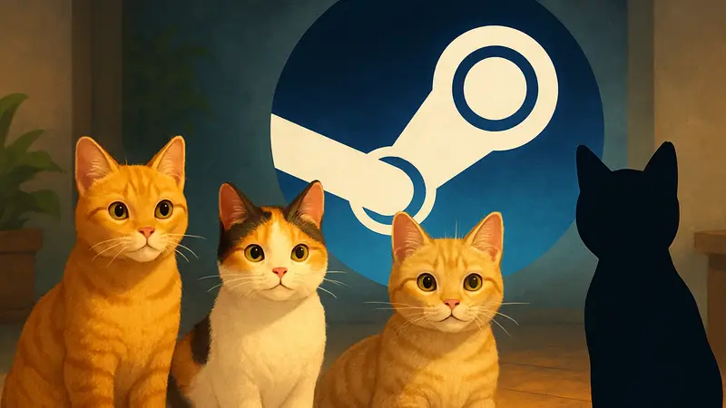 Изображение милых кошек из симулятора Cat Parents на фоне логотипа Steam