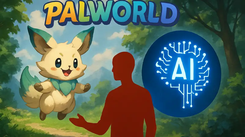 Palworld: Логотип игры и изображение монстра на фоне, символизирующее использование ИИ.