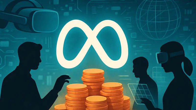 Логотип Meta, окруженный элементами дополненной и виртуальной реальности, символизирующими инвестиции.
