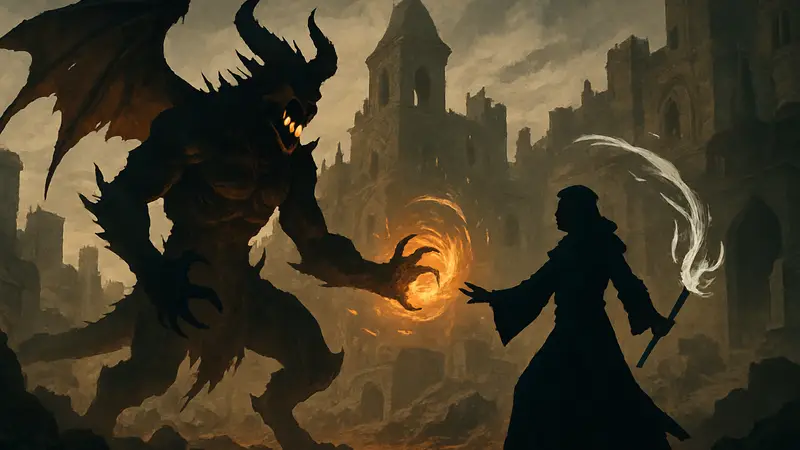 Демон и персонаж класса Колдун в Diablo 4 используют заклинания