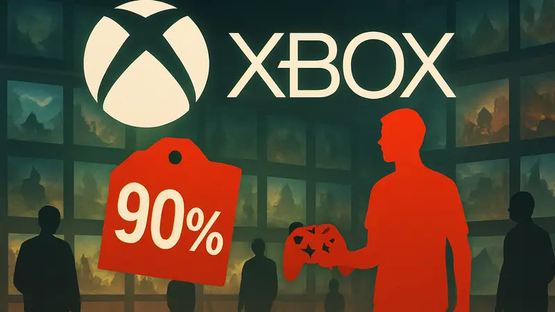 Логотип Xbox, распродажа игр, скидки до 90%, контроллер Xbox, выгодные предложения.