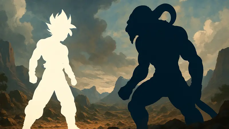 Гоку в режиме Ultra Instinct и злой бог Моро из аниме Dragon Ball Super 2, готовятся к битве.