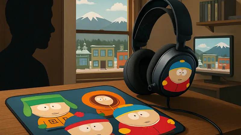 Игровая гарнитура и коврик для мыши SteelSeries в стиле South Park с изображениями персонажей.