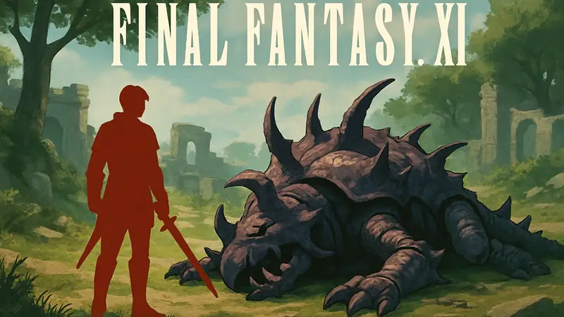 Логотип Final Fantasy 11 на фоне убитого босса, символизирующего баг и вмешательство Square Enix. Проблемы MMORPG.