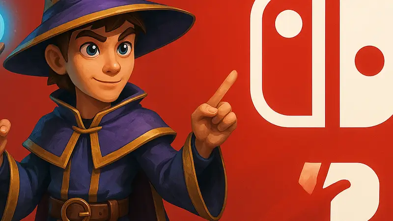 Персонаж Wizard101, стоящий рядом с логотипом Nintendo Switch, символизирующий советы для игроков