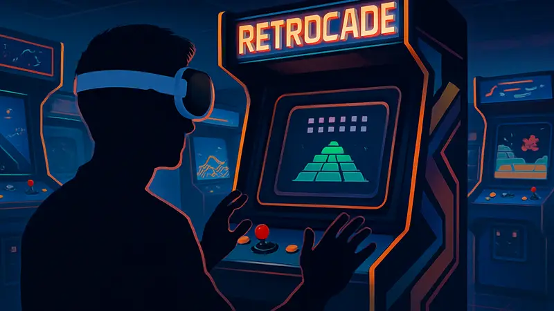 Пользователь Apple Vision Pro играет в Retrocade, окруженный виртуальными аркадными автоматами в стиле 80-х.