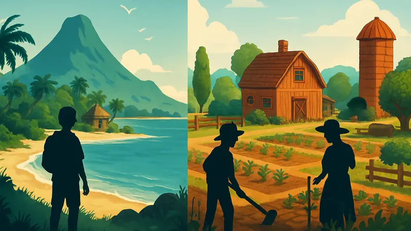 Сравнение расслабляющего геймплея Starsand Island и Stardew Valley, с изображением островов и фермерской жизни.