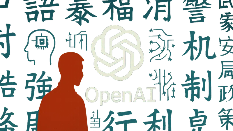 Логотип OpenAI на фоне стилизованных иероглифов и символов искусственного интеллекта.