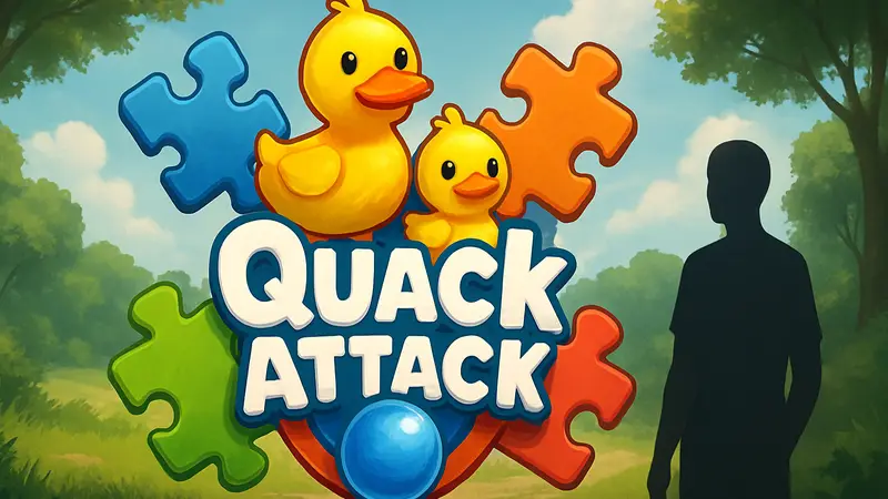 Логотип мобильной игры Quack Quack Attack - PEGG Blaster с утками и элементами пазла.