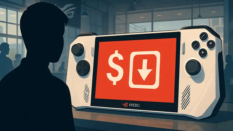 Портативная игровая консоль Asus ROG Ally с активным экраном, показывающая текущую скидку.