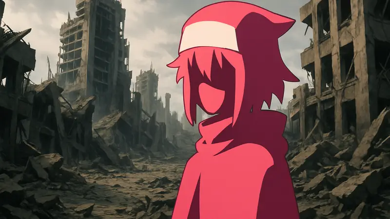 Хаумеа из аниме Fire Force, на заднем плане разрушенный город.
