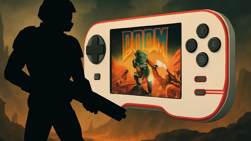 Персонаж Doomguy на фоне консоли Evercade, символизирующий релиз игры на новой п