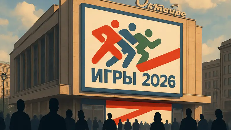 Логотип «НАШЫ ИГРЫ 2026» на фоне кинотеатра «Октябрь» в Москве: билеты раскуплены.
