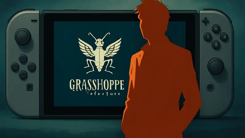 Логотип студии Grasshopper Manufacture с изображением Гоити «Suda51» Суды на фоне игрового контроллера Switch.