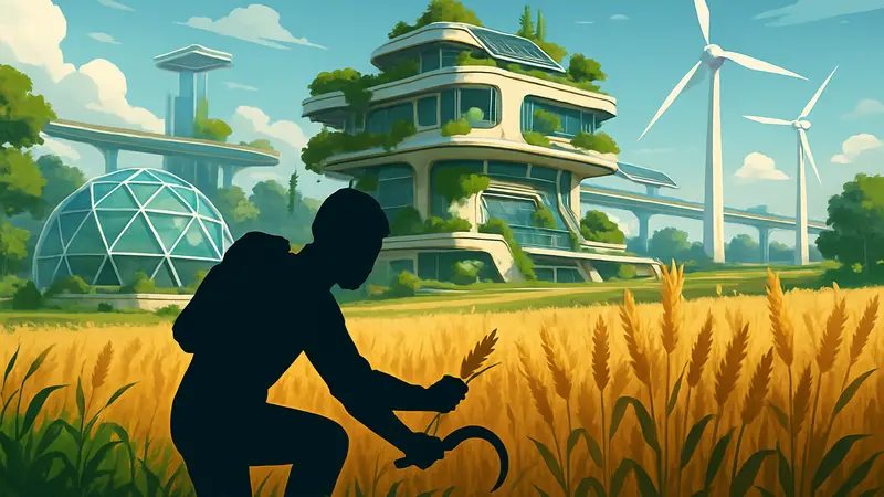Игрок собирает урожай пшеницы на футуристической ферме в Solarpunk