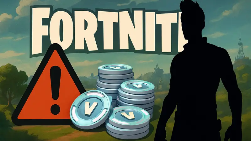 Логотип Fortnite с предупреждающим знаком и изображением V-баксов.