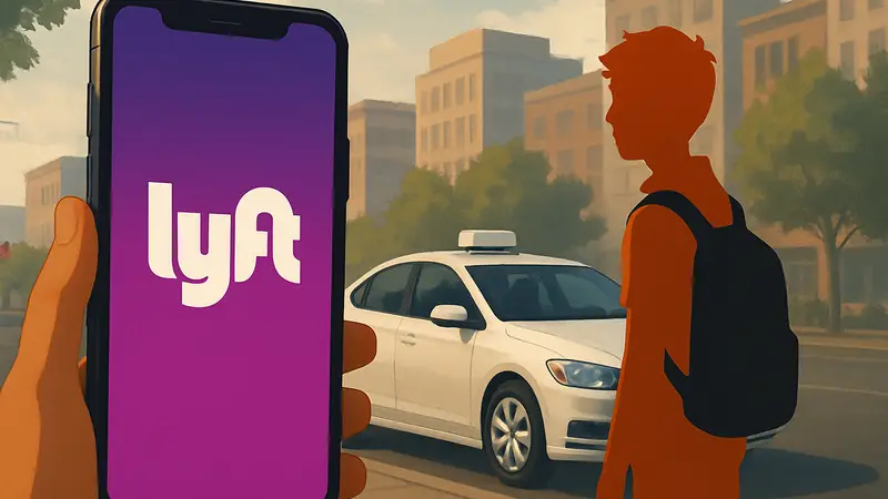 Приложение Lyft на экране смартфона, с изображением подростка рядом с машиной такси.