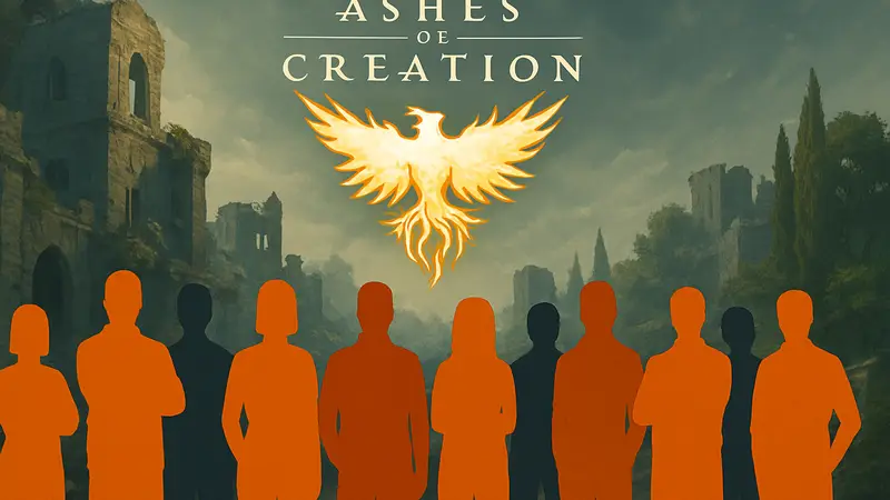 Логотип MMORPG Ashes of Creation и изображение команды разработчиков Intrepid Studios.
