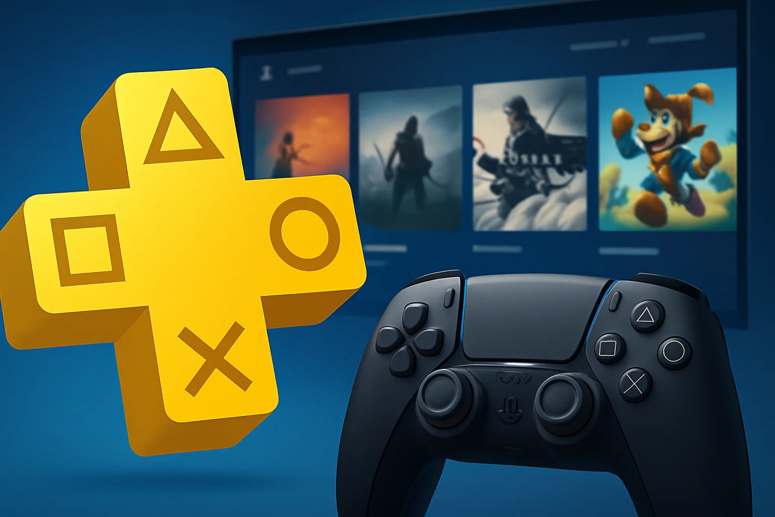 Логотип PlayStation Plus на фоне геймпада и списка бесплатных игр на экране