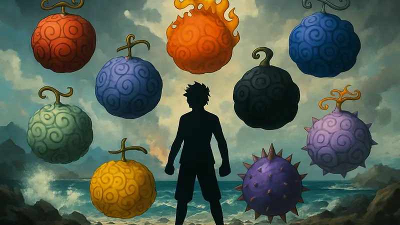 Коллаж с изображениями различных Дьявольских фруктов из One Piece, символизирующих их разрушительную мощь.