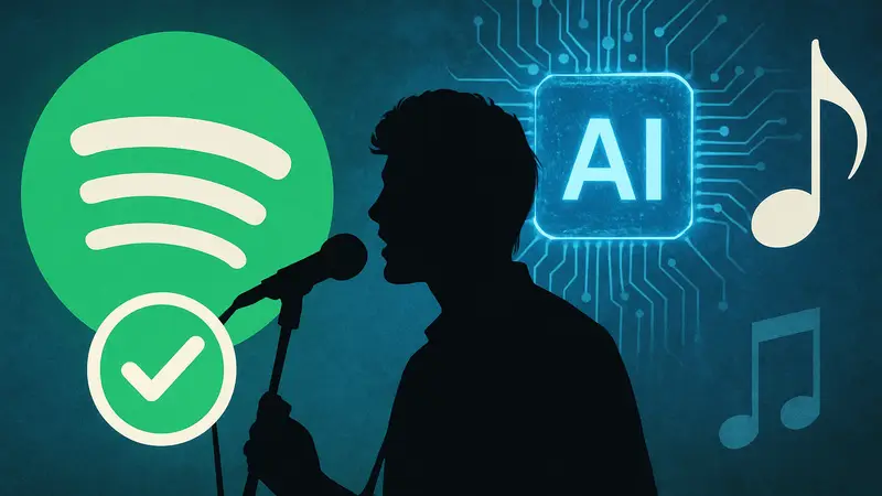 Значок верификации Spotify, логотип Spotify, символика ИИ и музыки.