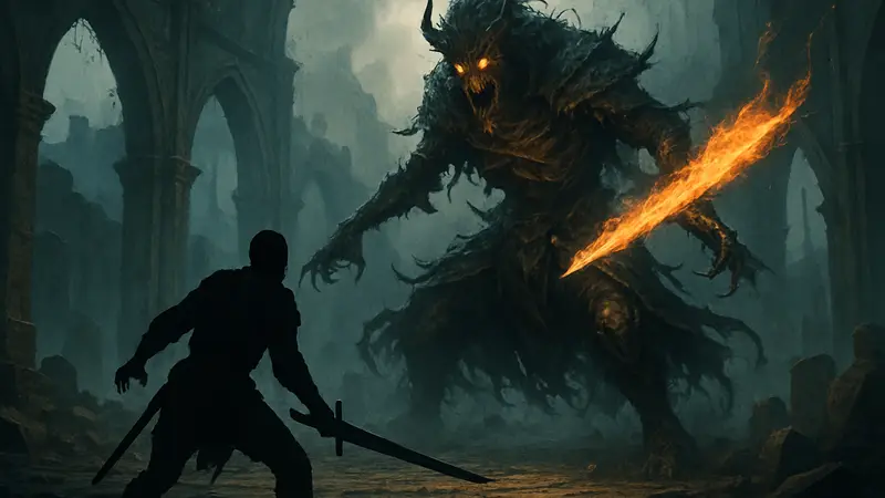 Эпичный босс из Soulslike-игры, демонстрирующий уникальные механики и зрелищную схватку с игроком