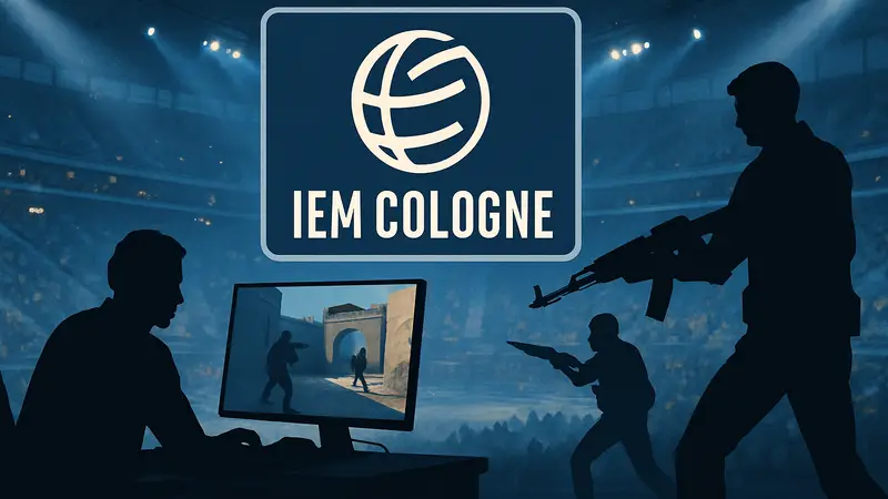 Логотип IEM Cologne на фоне стадиона с киберспортсменами, играющими в CS2.