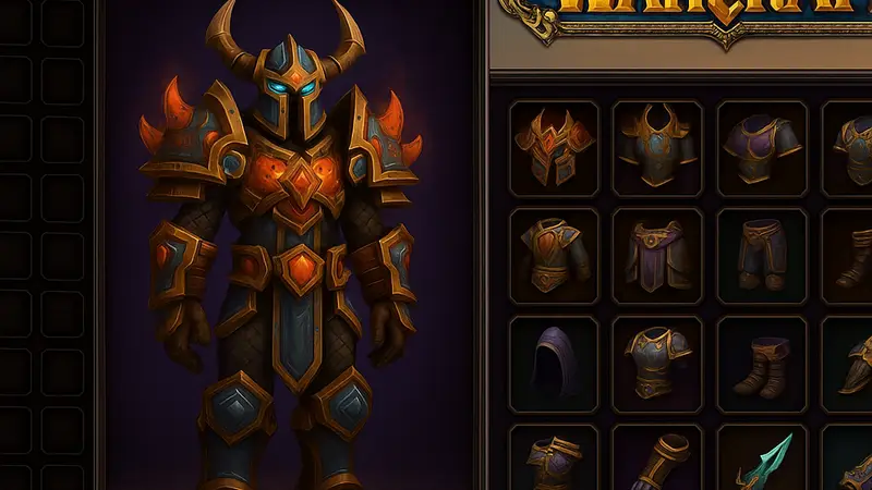 Интерфейс трансмогрификации World of Warcraft с элементами брони и снаряжения.