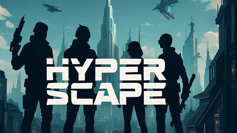 Обложка или скриншот игры Hyper Scape с футуристическим городом и персонажами, символизирующий фанатское возрождение.