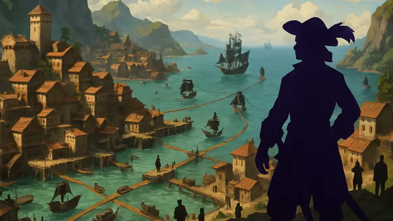 Концепт-арт пиратского градостроительного симулятора Corsair Cove с торговыми путями