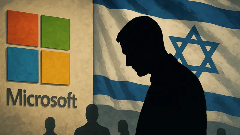 Логотип Microsoft на фоне израильского флага, символизирующий увольнение руководства из-за слежки