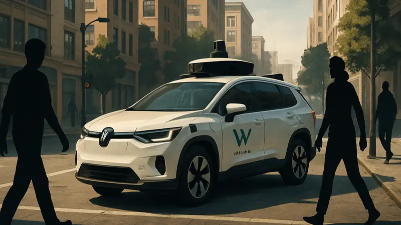 Изображение беспилотного роботакси Waymo или Tesla на городской улице.