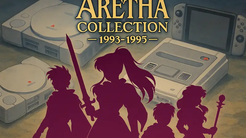 Обложка или скриншот игры Aretha Collection 1993-1995 с персонажами в аниме-стиле на фоне консолей.