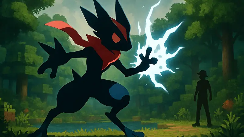 Изображение Эша-Грениндзи из Pokemon с эффектом способности Battle Bond в стиле Cobblemon.