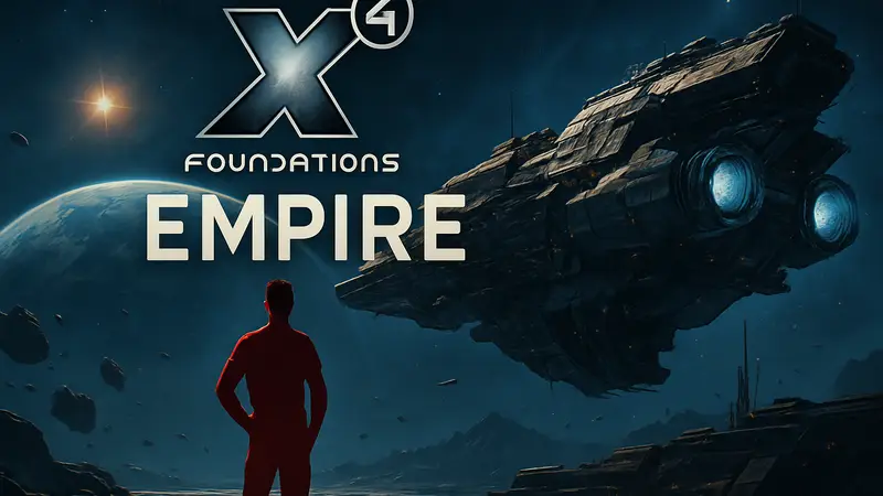 Логотип X4: Foundations и обложка обновления Empire, космический корабль.