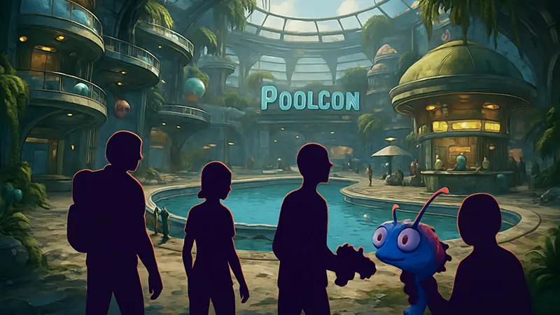 Скриншот из High on Life 2 с персонажами, исследующими локацию Poolcon.
