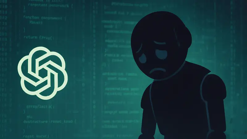 Логотип OpenAI с грустным или исчезающим роботом на фоне кода, символизирующий отключение GPT-4o.
