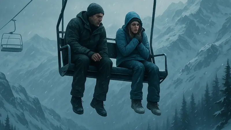 Кадр из фильма «Замерзшие» 2010 года, показывающий людей, застрявших на горнолыжном подъемнике на фоне снежных гор.
